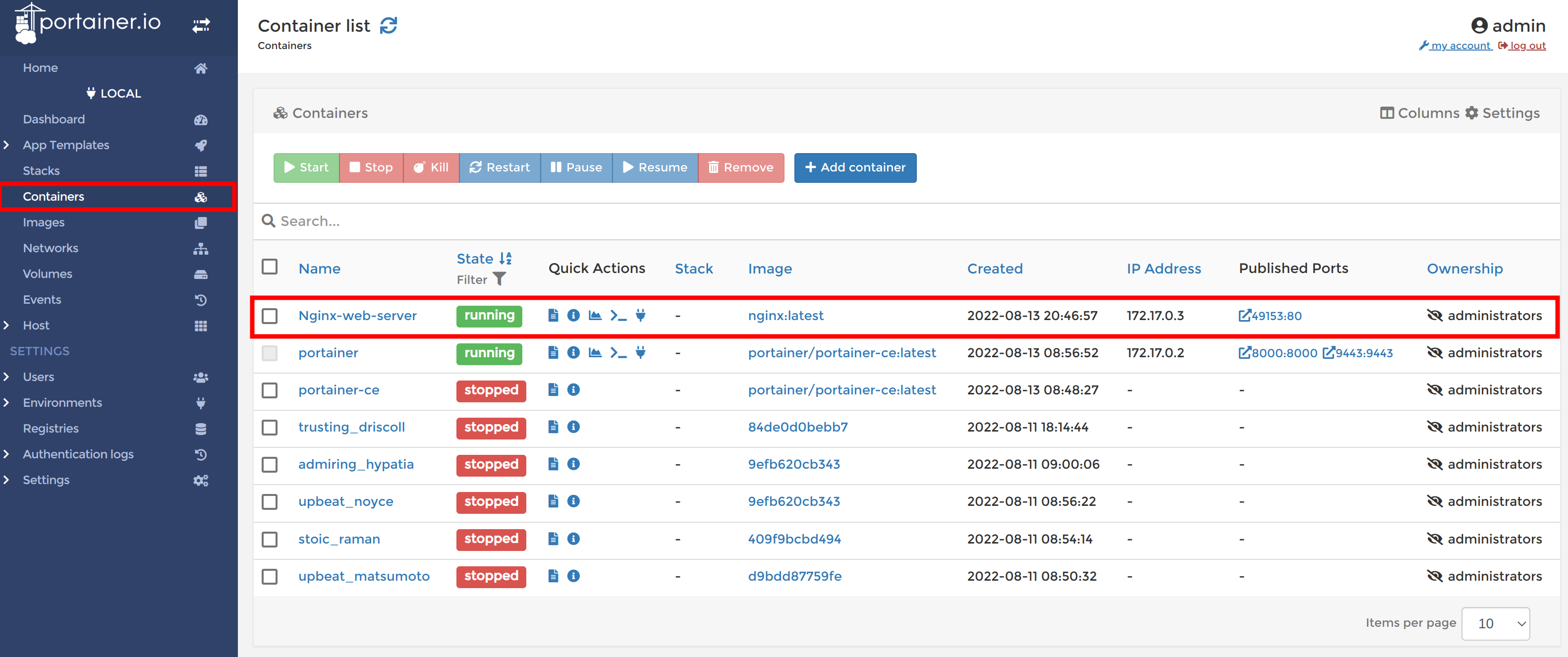 Viewing the nginx docker container