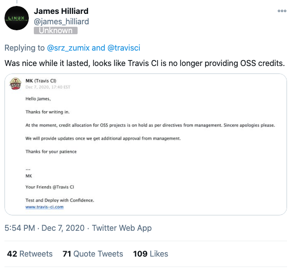 TravisCI is no longer providing open source credits