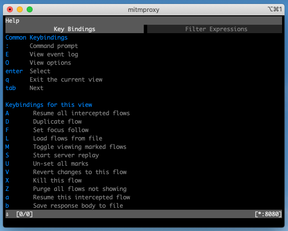 Help menu for mitmproxy